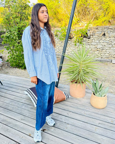 Chemise bleue à rayures à jabots Paloma