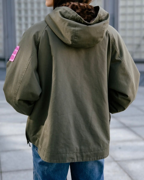 Parka à capuche kaki fourrée léopard Vendana