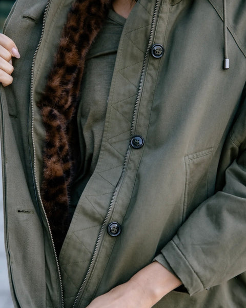 Parka à capuche kaki fourrée léopard Vendana