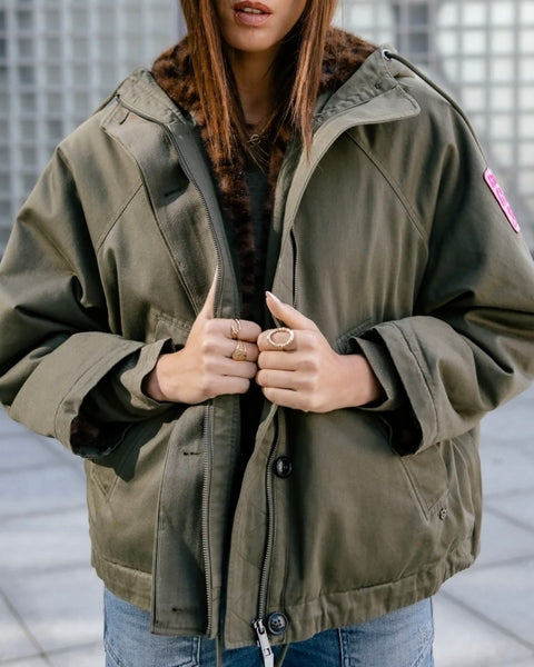 Parka à capuche kaki fourrée léopard Vendana