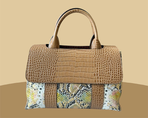 Sac en cuir camel et python